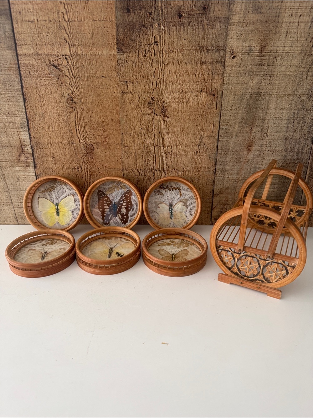 Vintage MCM Boho Bamboo Pressed Butterfly Drink Coaster Set With Holder